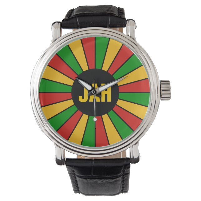 RASTAFARI FLAG BUTTON RAYS + your sign or monogram Watch (Front)