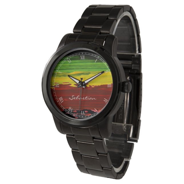 Rastafarian Paint Stripes Custom Name Watch (Angled)