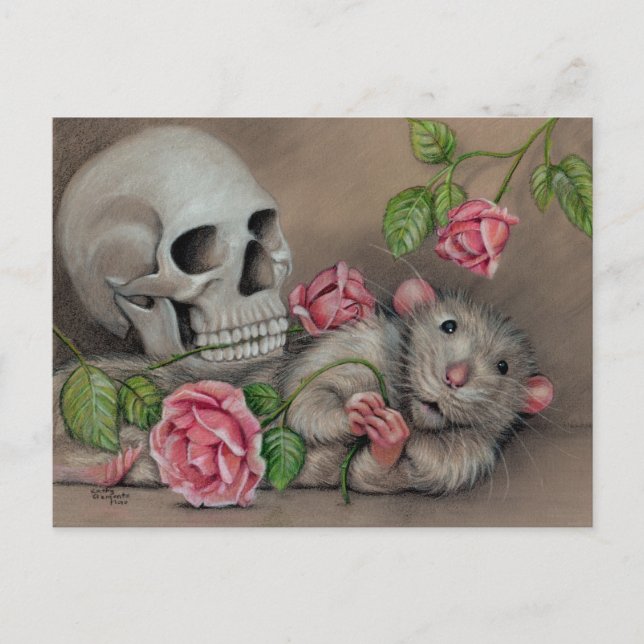 Rat Rose Skull Postcard drawing (Front)