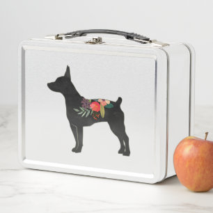 Rat Terrier CC Dog Boho Floral Silhouette Metal Lunch Box