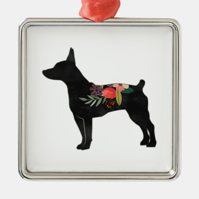 Rat Terrier CC Dog Boho Floral Silhouette Metal Ornament (Front)