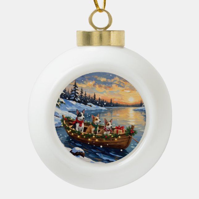 Rat Terrier Christmas Boat Holiday Ceramic Ball Christmas Ornament (Front)