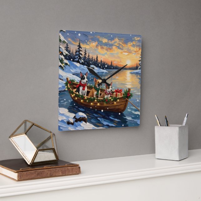Rat Terrier Christmas Boat Holiday Square Wall Clock (Office)