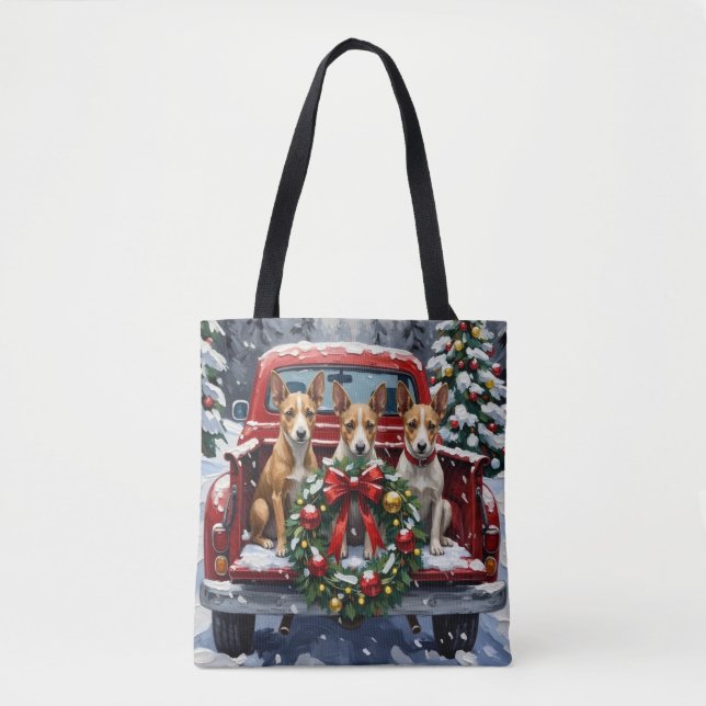 Rat Terrier Christmas Red Truck Holiday Tote Bag (Front)