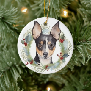 Rat Terrier Christmas Wreath Festive Pup Ceramic Ornament