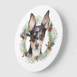 Rat Terrier Christmas Wreath Festive Pup Large Clock