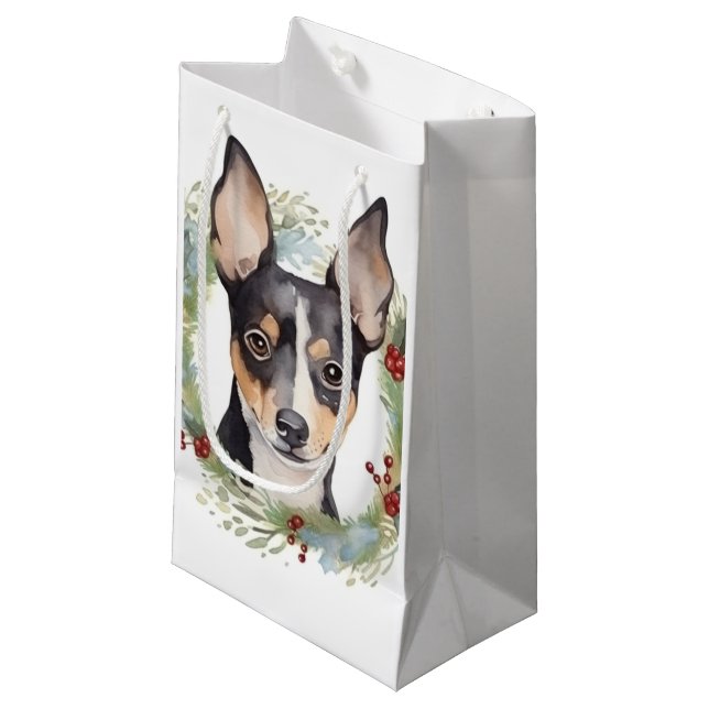 Rat Terrier Christmas Wreath Festive Pup Small Gift Bag (Front Angled)