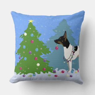 Rat Terrier Decorating a Christmas Tree in Forest Cushion