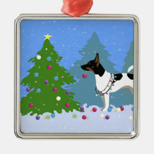 Rat Terrier Decorating a Christmas Tree in Forest Metal Ornament