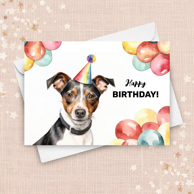 Rat Terrier Dog Balloons and Party Hat Birthday Card (Creator Uploaded)