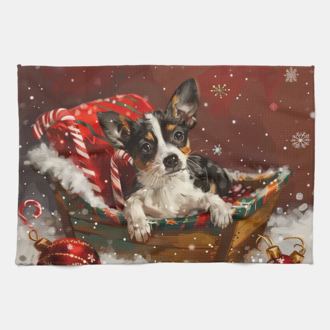 Rat Terrier Dog Christmas Festive Tea Towel (Horizontal)