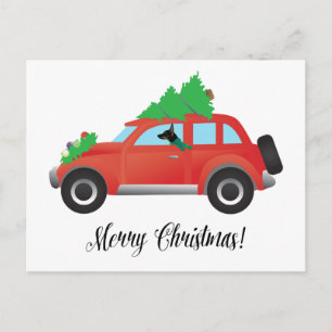 Rat Terrier Dog Driving a Christmas Car Holiday Postcard