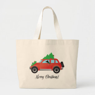 Rat Terrier Dog Driving a Christmas Car Large Tote Bag