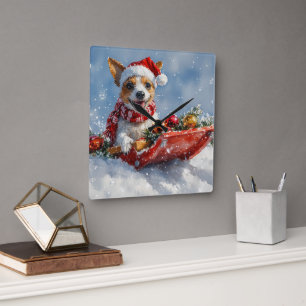 Rat Terrier Dog in Sledge Let it Snow Christmas  Square Wall Clock