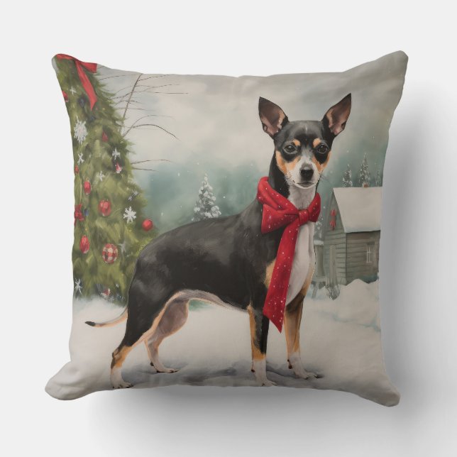 Rat Terrier Dog in Snow Christmas  Cushion (Front)