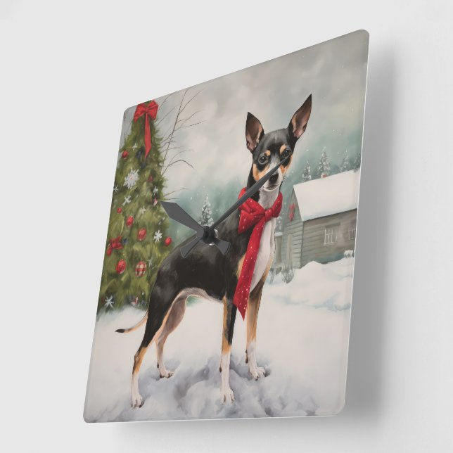 Rat Terrier Dog in Snow Christmas  Square Wall Clock (Angle)