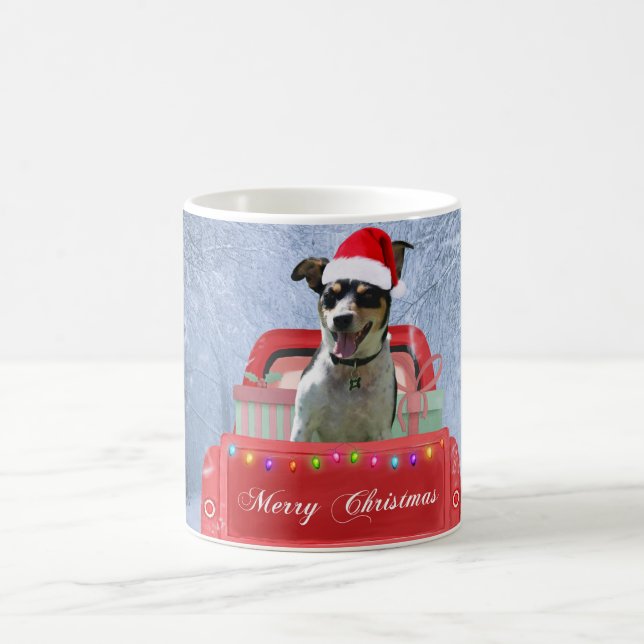 Rat Terrier Dog in Snow sitting in Christmas Truck Coffee Mug (Center)