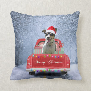 Rat Terrier Dog in Snow sitting in Christmas Truck Cushion