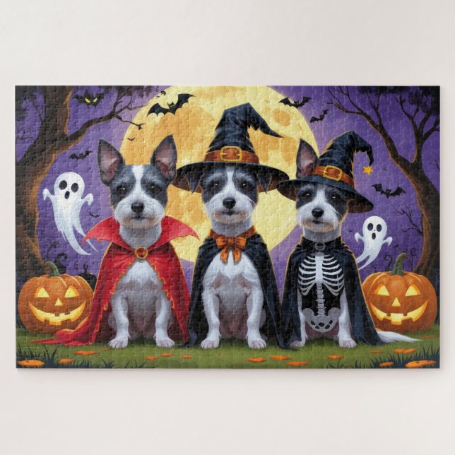 Rat Terrier Dogs Pumpkin Halloween Funny Jigsaw Puzzle (Horizontal)