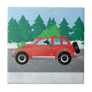 Rat Terrier Driving a Christmas Car with a Tree Ceramic Tile