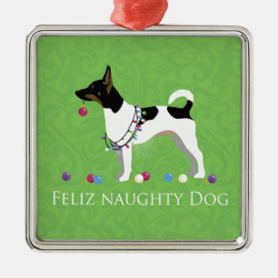 Rat Terrier Feliz Naughty Dog Christmas Metal Ornament