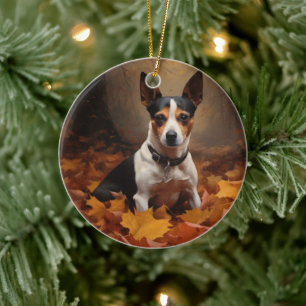 Rat Terrier in Autumn Leaves Fall Inspire Ceramic Ornament