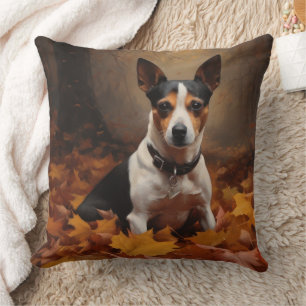 Rat Terrier in Autumn Leaves Fall Inspire  Cushion