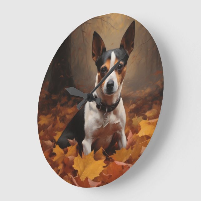 Rat Terrier in Autumn Leaves Fall Inspire  Large Clock (Angle)