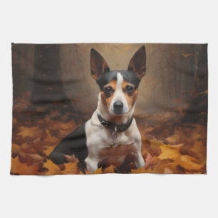 Rat Terrier in Autumn Leaves Fall Inspire  Tea Towel