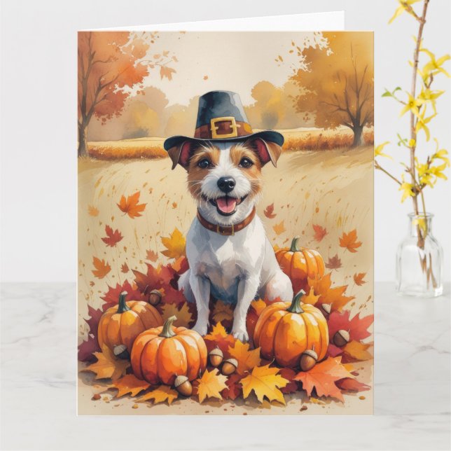 Rat Terrier In Autumn Leaves Thanksgiving Art  Card (Yellow Flower)