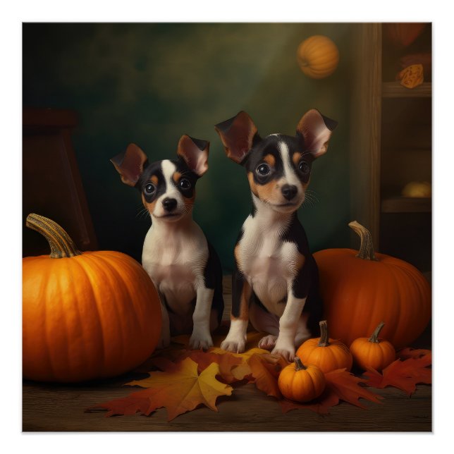 Rat Terrier Puppy Autumn Delight Pumpkin  Poster (Front)