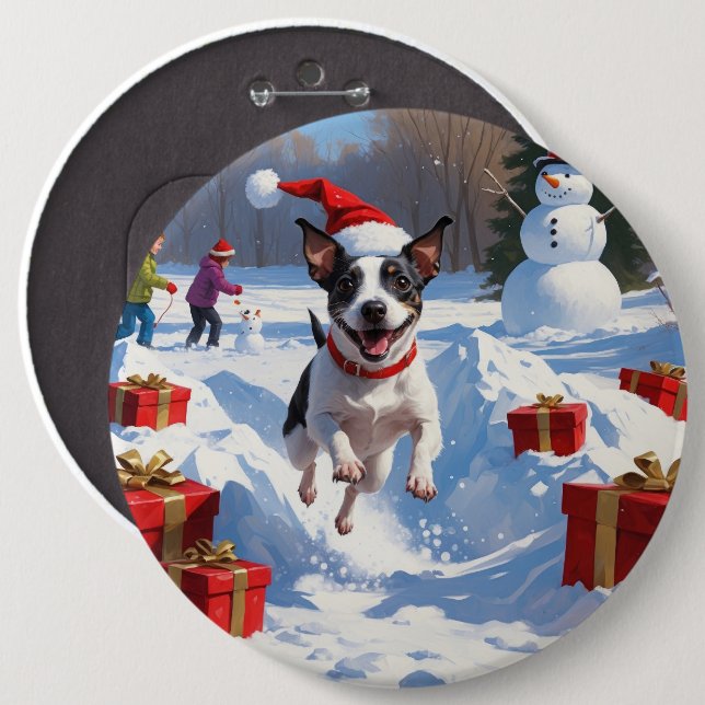Rat Terrier Running in Snow with Christmas Hat 6 Cm Round Badge (Front & Back)