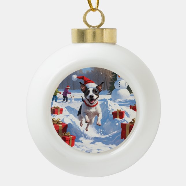 Rat Terrier Running in Snow with Christmas Hat Ceramic Ball Christmas Ornament (Front)