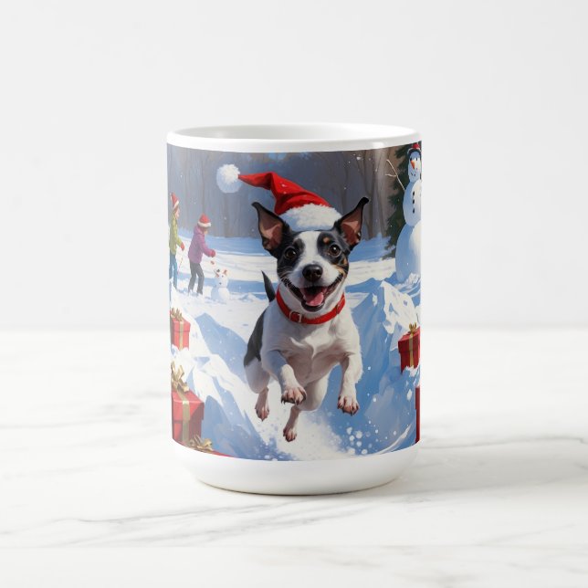 Rat Terrier Running in Snow with Christmas Hat Coffee Mug (Center)