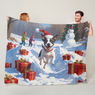 Rat Terrier Running in Snow with Christmas Hat Fleece Blanket