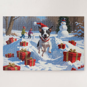 Rat Terrier Running in Snow with Christmas Hat Jigsaw Puzzle