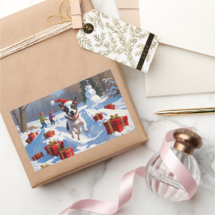 Rat Terrier Running in Snow with Christmas Hat Rectangular Sticker