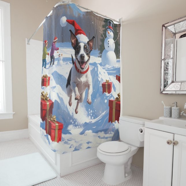 Rat Terrier Running in Snow with Christmas Hat Shower Curtain (In Situ)