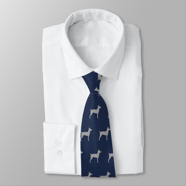 Rat Terrier Silhouettes Pattern Blue and Grey Tie (Tied)