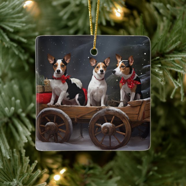 Rat Terrier Snowy Sleigh Christmas Decor Ceramic Ornament (Tree)