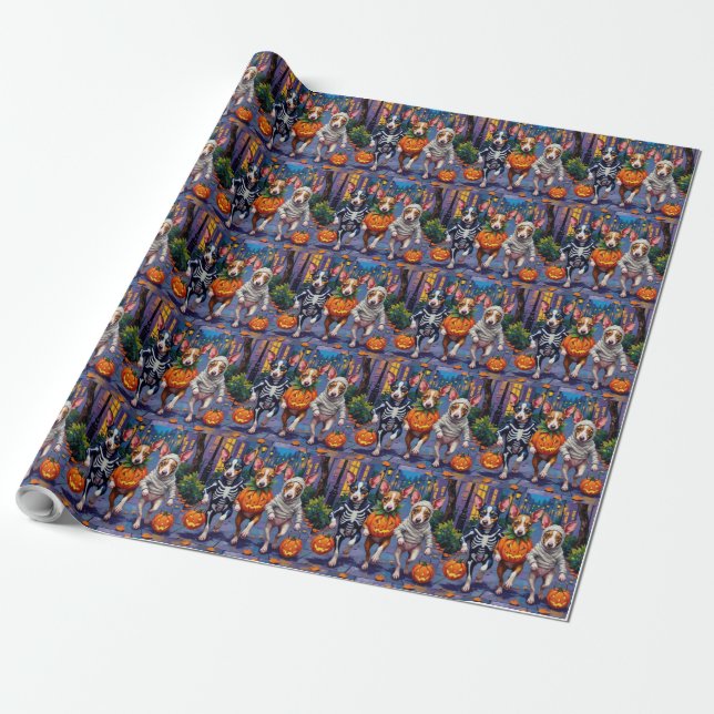 Rat Terrier Trick-or-Treating Halloween Costumes Wrapping Paper (Unrolled)