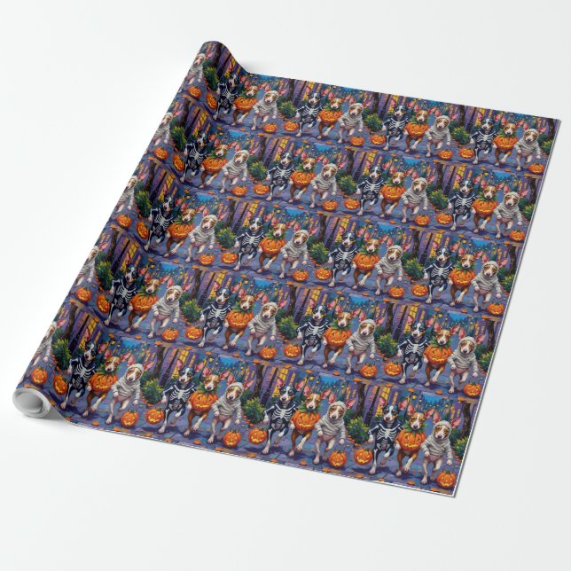 Rat Terrier Trick-or-Treating Halloween Costumes Wrapping Paper (Unrolled)