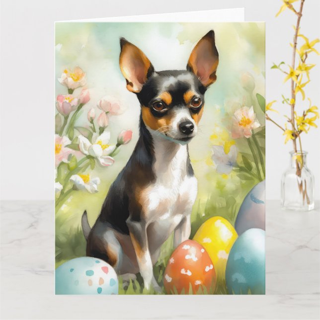 Rat Terrier with Easter Eggs Holiday Card (Yellow Flower)