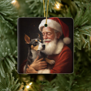Rat Terrier With Santa Claus Festive Christmas Ceramic Ornament