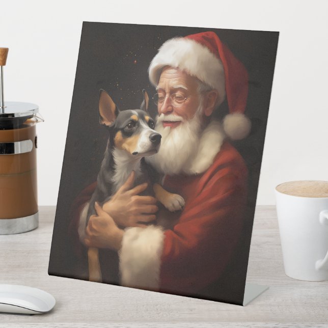 Rat Terrier With Santa Claus Festive Christmas  Pedestal Sign (In SItu)