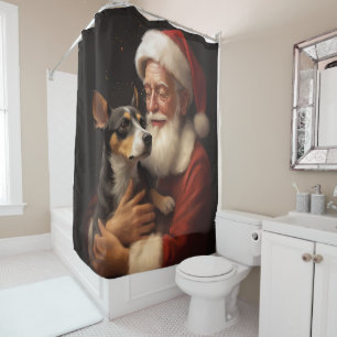 Rat Terrier With Santa Claus Festive Christmas Shower Curtain