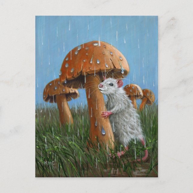Rat under Mushroom in Rain Postcard (Front)