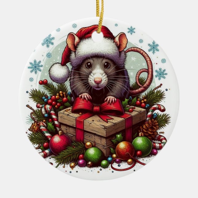 Rat wearing santa hat Christmas presents Art Ceramic Ornament (Front)