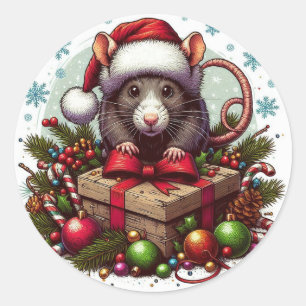 Rat wearing santa hat Christmas presents Art Classic Round Sticker