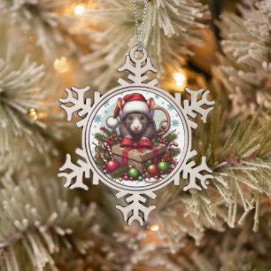 Rat wearing santa hat Christmas presents Art Snowflake Pewter Christmas Ornament